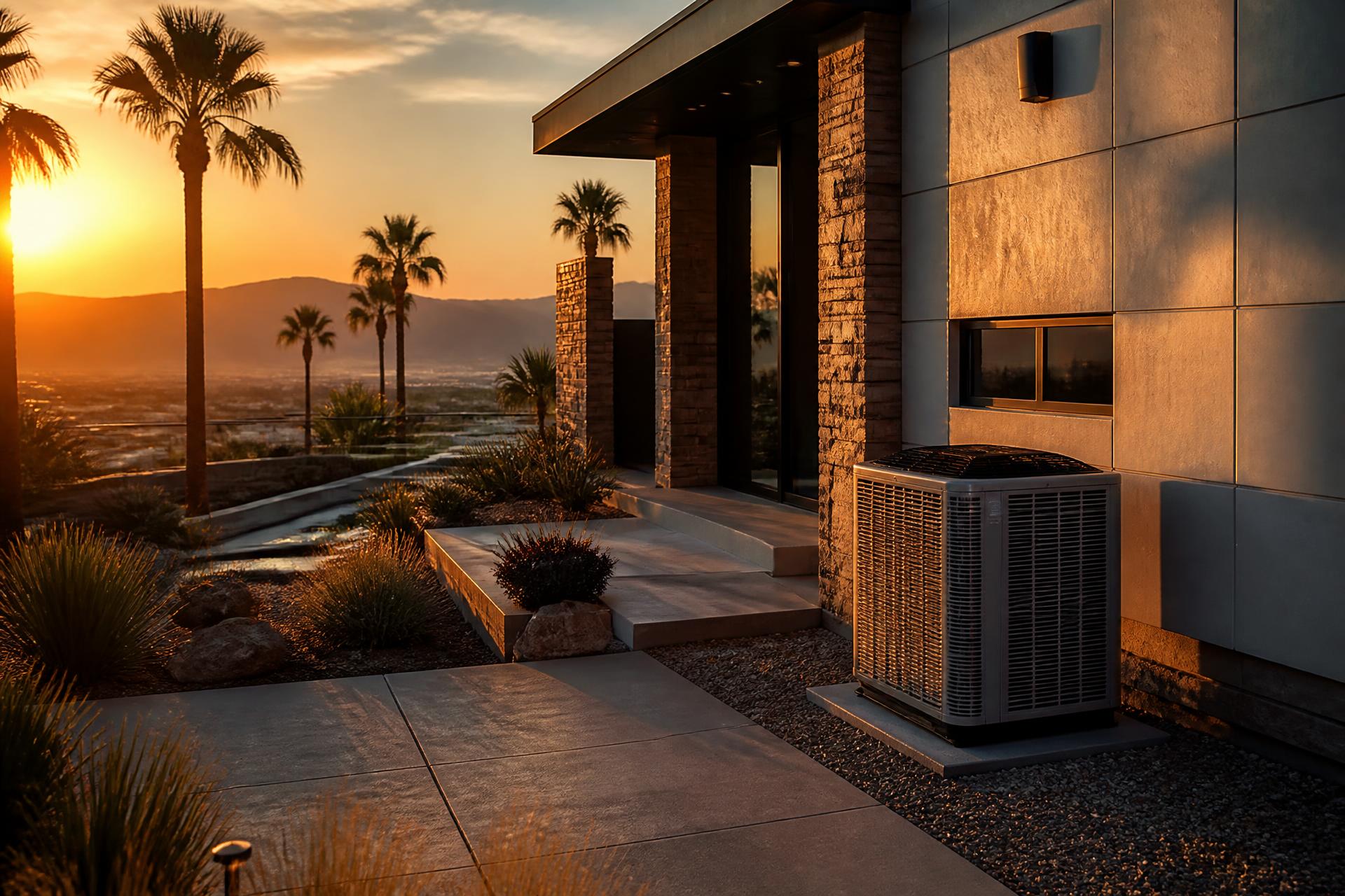 Modern Las Vegas home at sunset with an outdoor air conditioning condenser