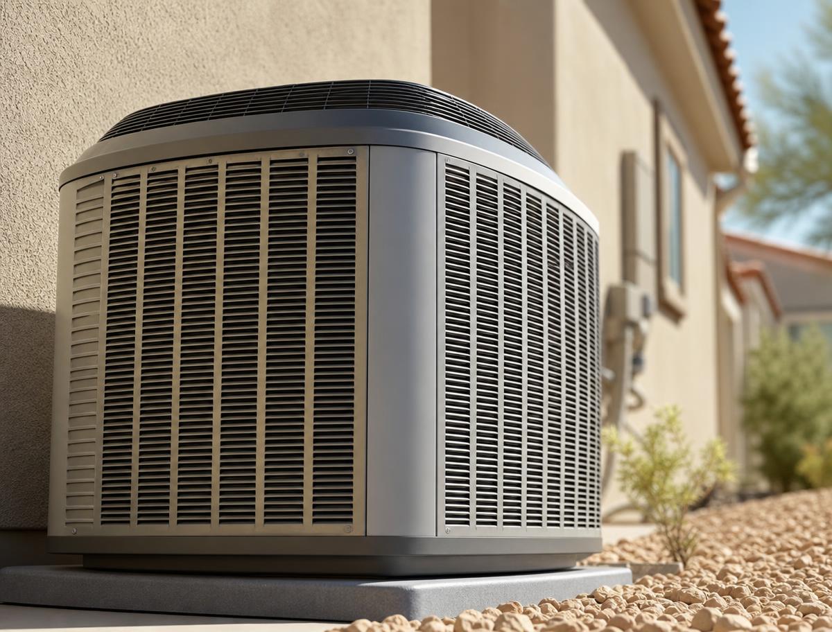 Modern air conditioning condenser unit installed outside a Las Vegas home